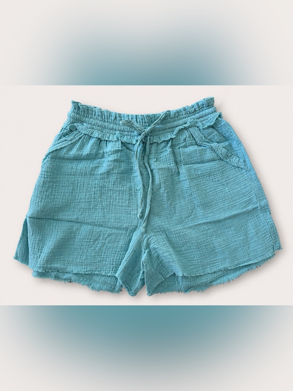 Zenana Gauze Shorts Teal Pockets Drawstring Large New